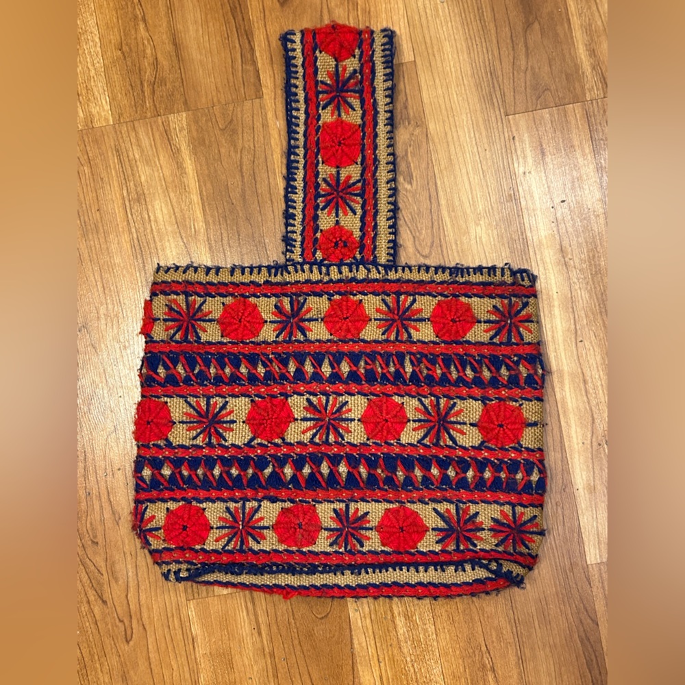 Vintage burlap handmade with blue and red embroidery